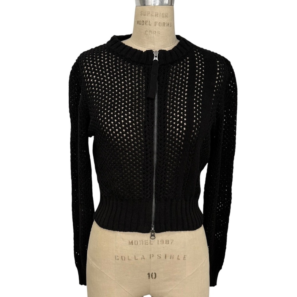 Matin Kim Cardigan Knit Sweater Womens Black Zip Up Back Logo Cropped